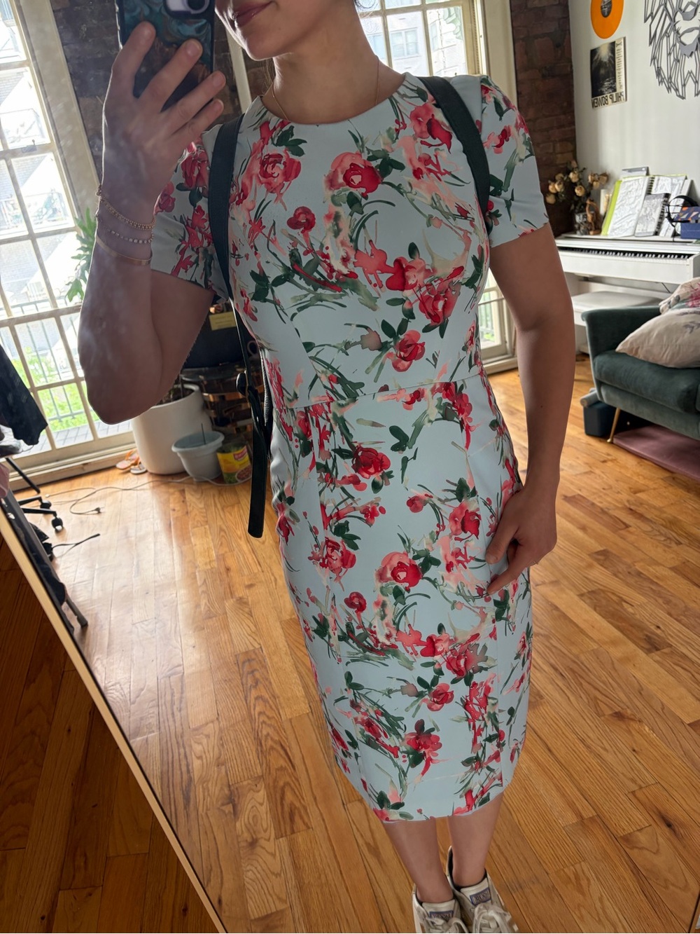 $435 Floral Sheath Midi Dress in Light Blue and Pink